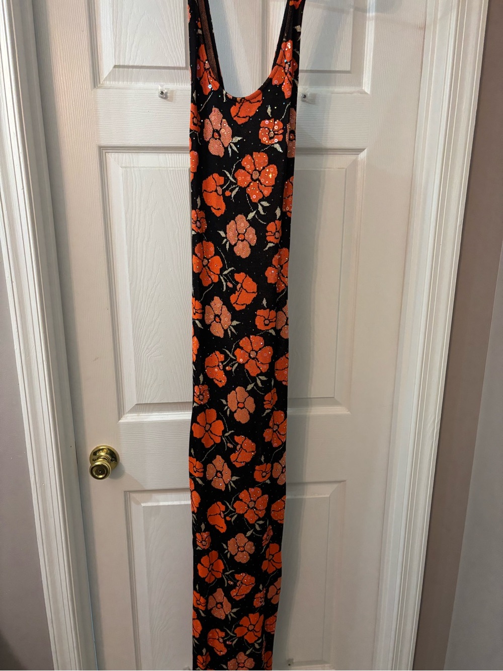 St. John Black Maxi Dress with Orange Floral Motif